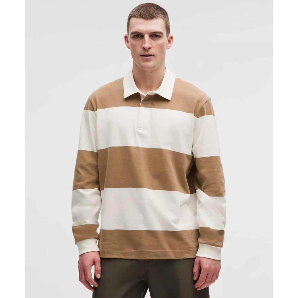 Lululemon-Long-Sleeve Cotton Rugby Shirt-Wide Stripe Camel Brown Coconut Ivory
